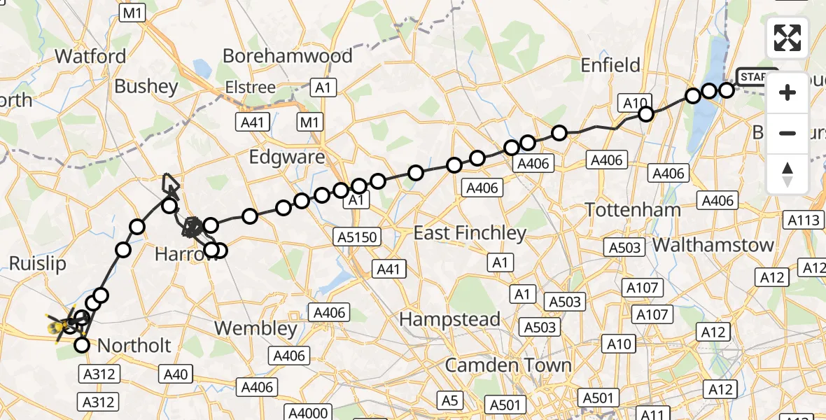 Flight route Police Helicopter Sewardstonebury - RAF Northolt, 30 August 2026, 13:11