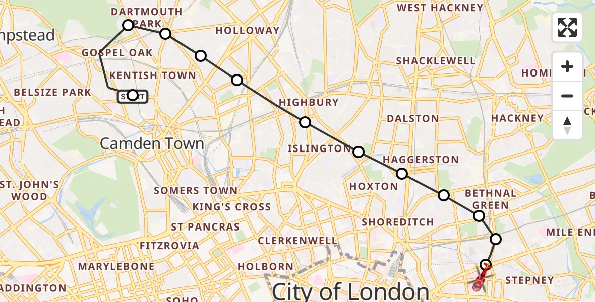 Flight route Air Ambulance Helicopter Kentish Town - Royal London Hospital, 30 August 2026, 13:10