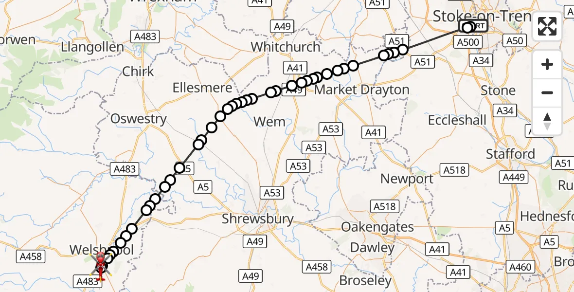 Flight route Air Ambulance Helicopter University Hospital North Staffs - Welshpool Airport, 30 August 2026, 13:11