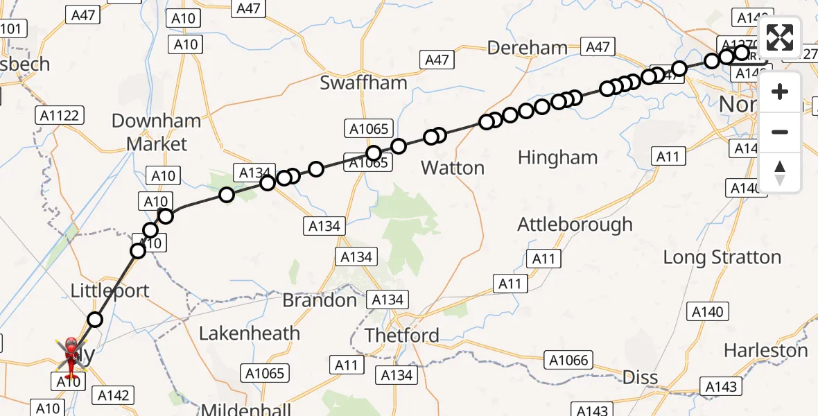 Flight route Air Ambulance Helicopter Norwich Airport - Ely, 30 August 2026, 13:21