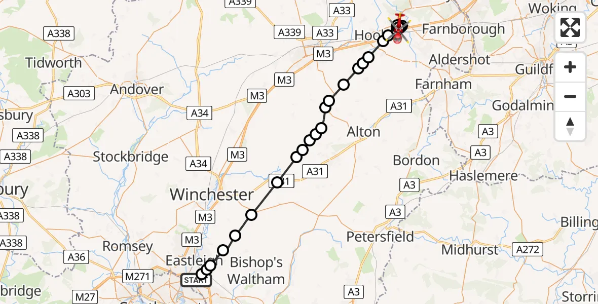 Flight route Air Ambulance Helicopter Hedge End - Winchfield, 30 August 2026, 13:28