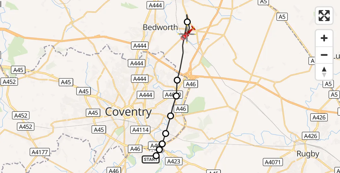 Flight route Air Ambulance Helicopter Coventry Airport - Bulkington, 30 August 2026, 13:29