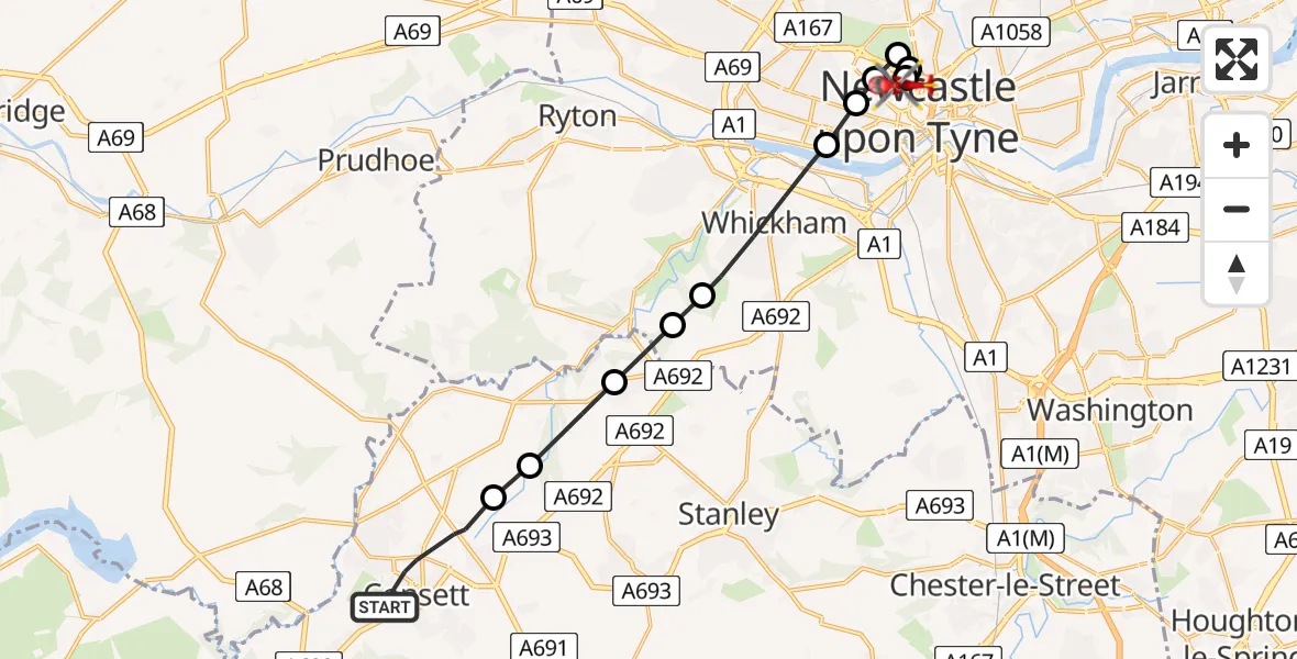 Flight route Air Ambulance Helicopter Consett - Newcastle Royal Victoria Infirmary, 30 August 2026, 13:31