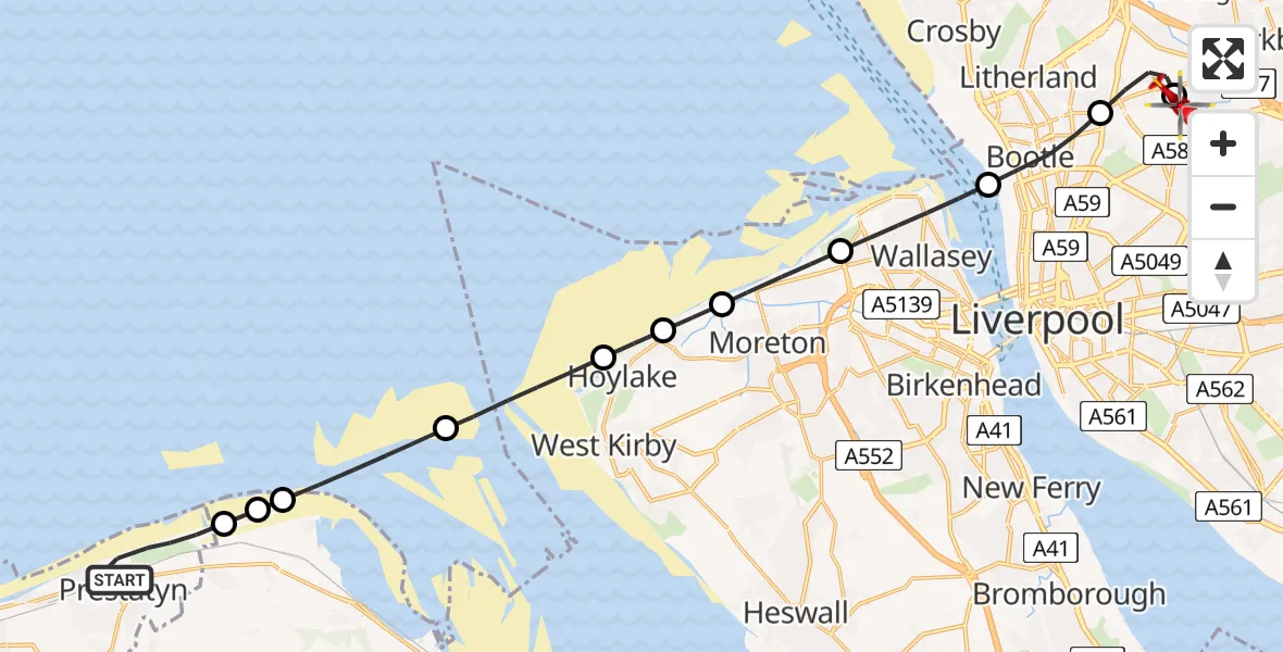 Flight route Air Ambulance Helicopter Prestatyn - Aintree University Hospital Heliport, 30 August 2026, 13:33