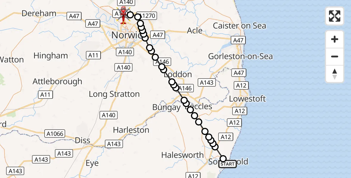 Flight route Air Ambulance Helicopter Southwold - Norwich Airport, 30 August 2026, 13:41