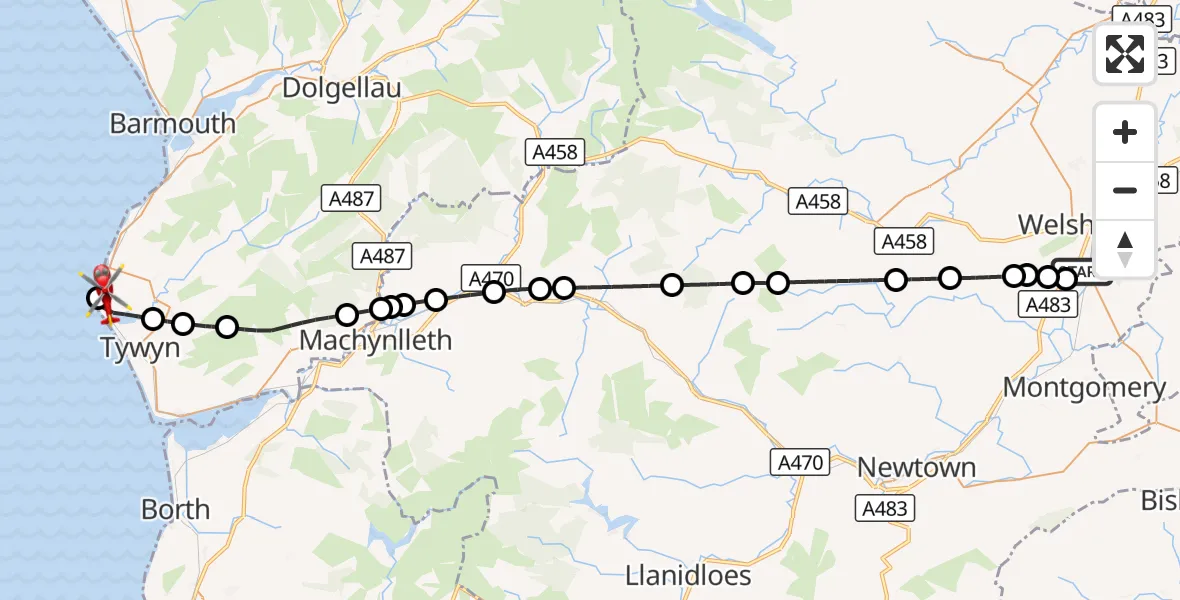 Flight route Air Ambulance Helicopter Welshpool Airport - Rhoslefain, 30 August 2026, 13:43