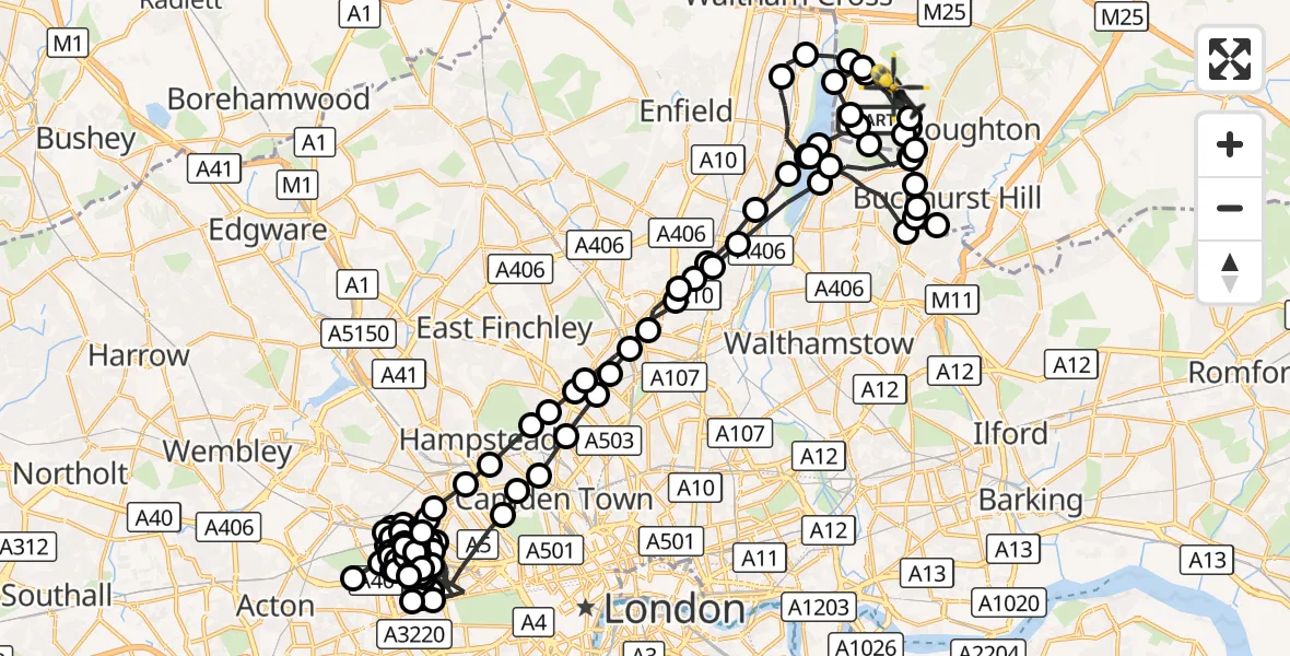 Flight route Police Helicopter Chingford - Sewardstonebury, 30 August 2026, 13:43