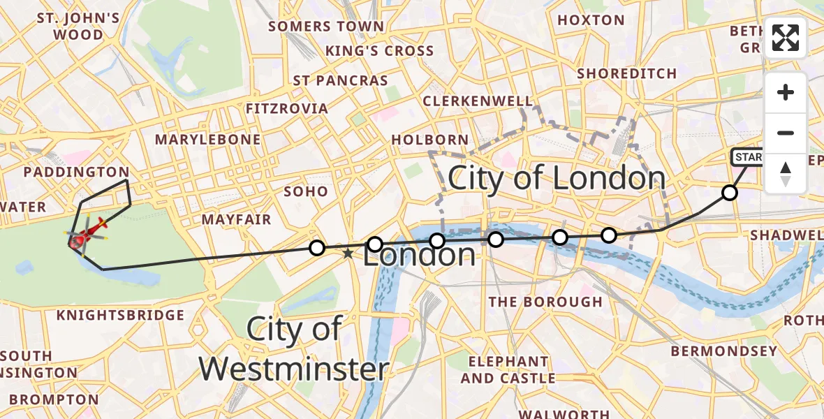 Flight route Air Ambulance Helicopter Royal London Hospital - City of Westminster, 30 August 2026, 13:54