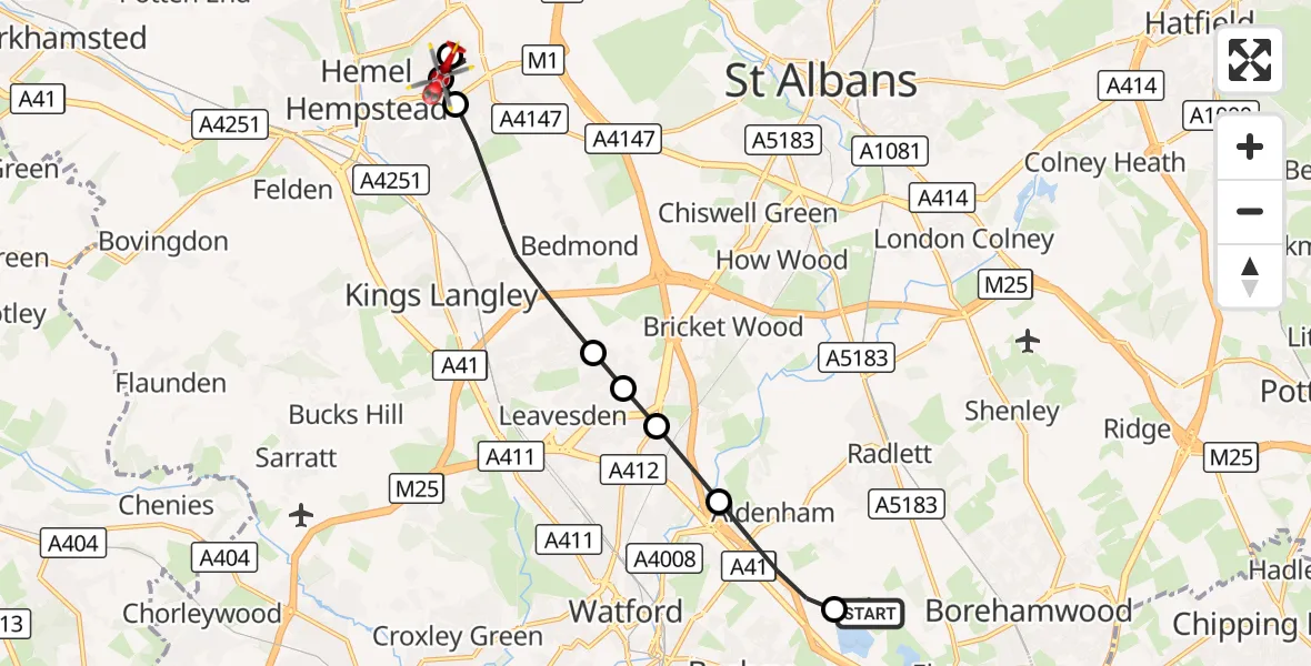 Flight route Air Ambulance Helicopter Elstree Airfield - Hemel Hempstead, 30 August 2026, 13:55
