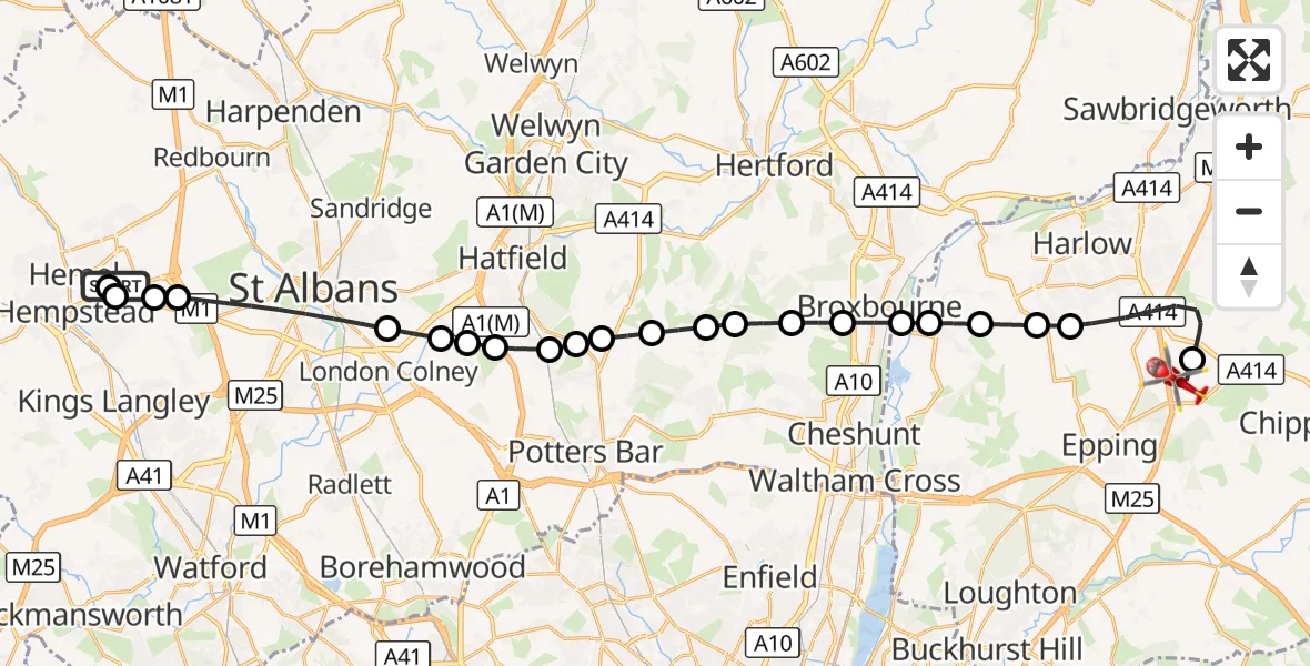 Flight route Air Ambulance Helicopter Hemel Hempstead - North Weald Airfield, 30 August 2026, 14:10