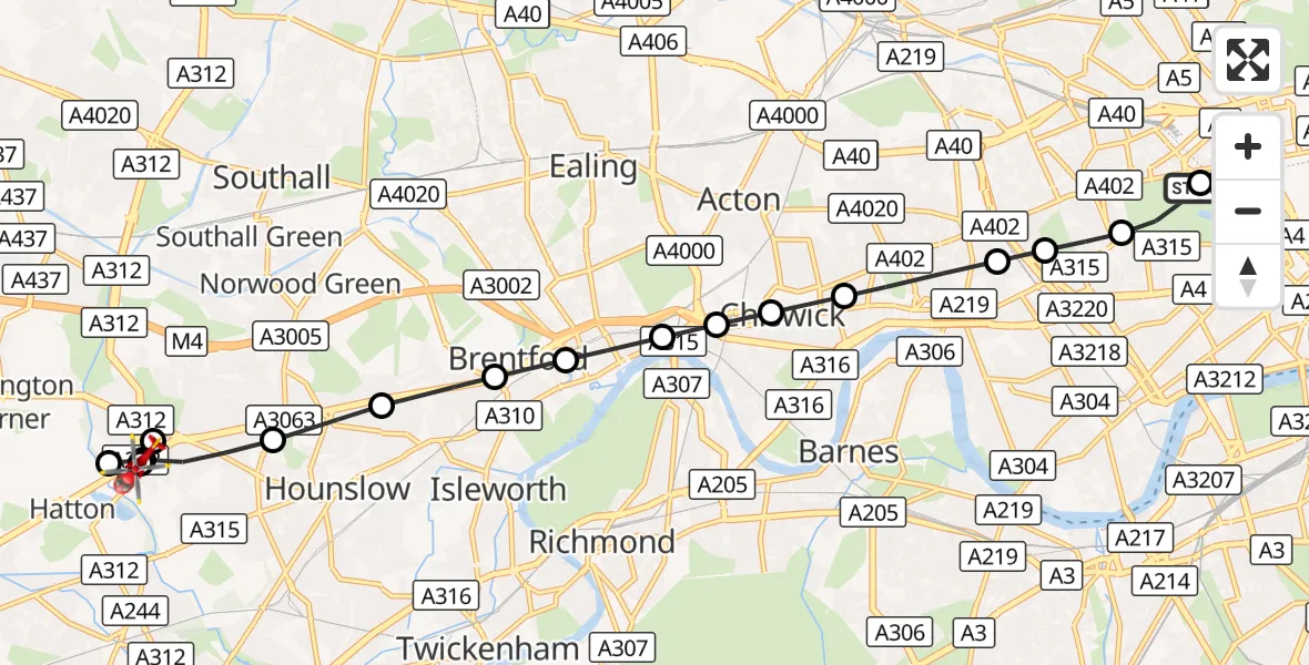Flight route Air Ambulance Helicopter City of Westminster - Hounslow, 30 August 2026, 14:15