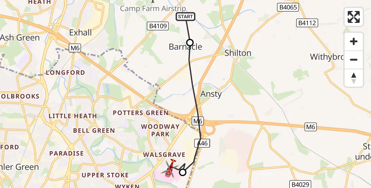 Flight route Air Ambulance Helicopter Rugby - Walsgrave, 30 August 2026, 14:15