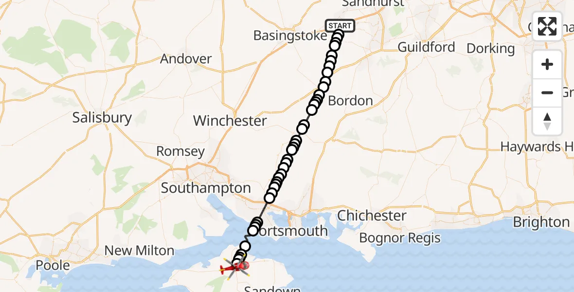 Flight route Air Ambulance Helicopter Winchfield - Newport, 30 August 2026, 14:17