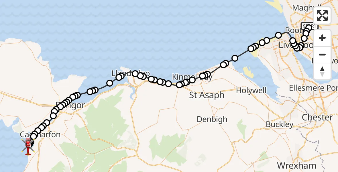 Flight route Air Ambulance Helicopter Aintree University Hospital Heliport - Caernarfon Airport, 30 August 2026, 14:21