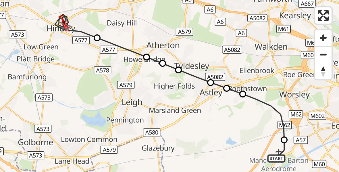 Flight route Air Ambulance Helicopter Manchester Barton Aerodrome - Hindley, 30 August 2026, 14:25
