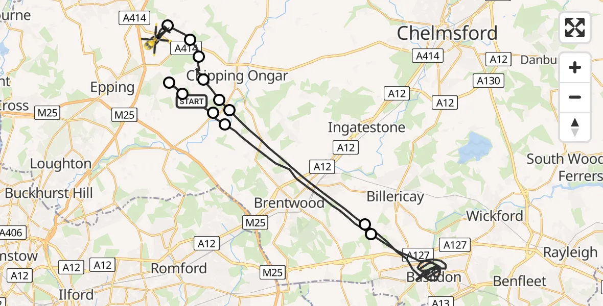 Flight route Police Helicopter Toot Hill - North Weald Bassett, 30 August 2026, 14:31