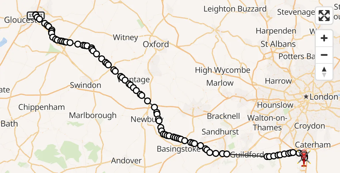 Flight route Air Ambulance Helicopter Gloucestershire Airport - Redhill Aerodrome, 30 August 2026, 14:45