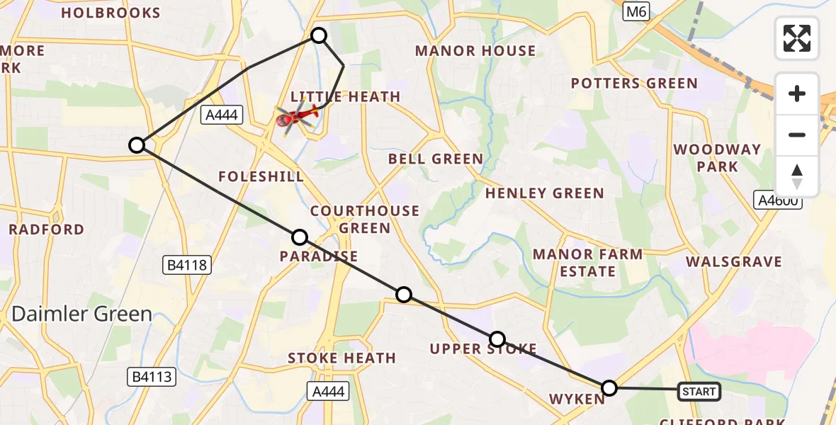 Flight route Air Ambulance Helicopter Clifford Park - Daimler Green, 30 August 2026, 14:45