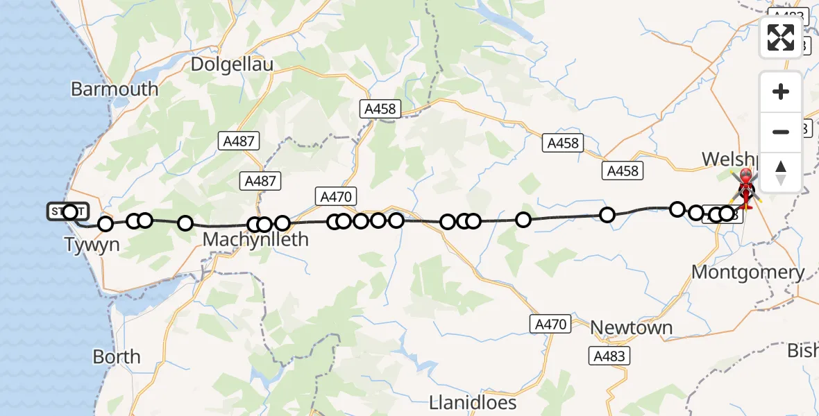 Flight route Air Ambulance Helicopter Rhoslefain - Welshpool Airport, 30 August 2026, 14:46