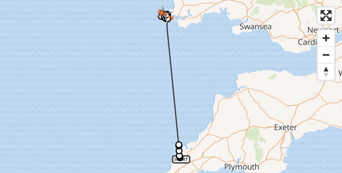 Flight route Coastguard Helicopter Cornwall Airport Newquay - Marloes, 30 August 2026, 14:47