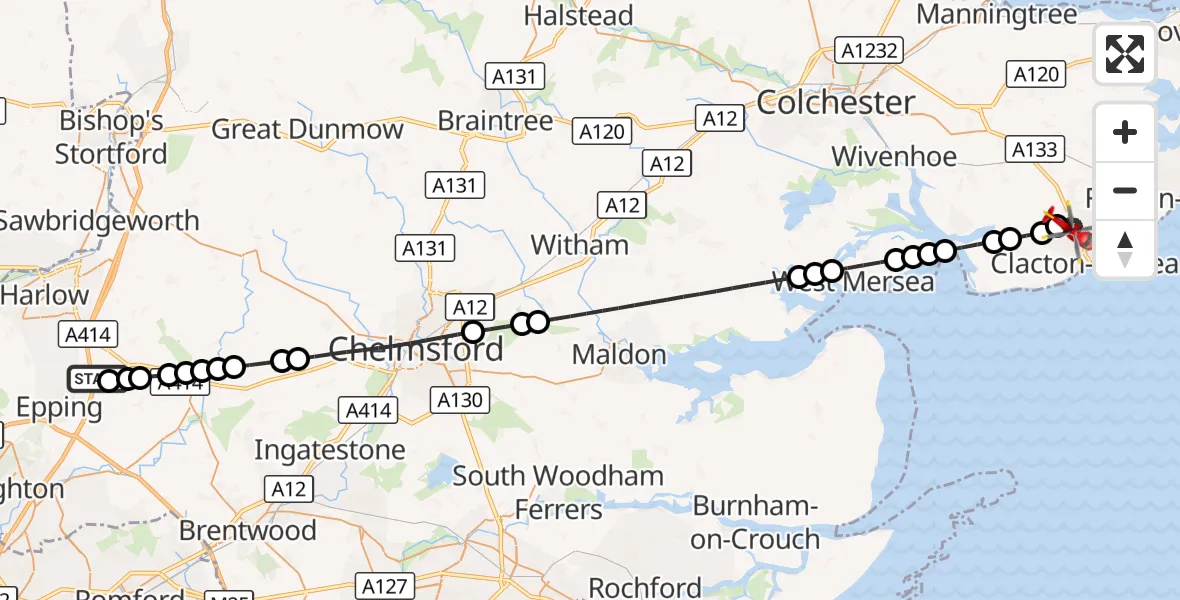 Flight route Air Ambulance Helicopter North Weald Airfield - Clacton-on-Sea, 30 August 2026, 14:59