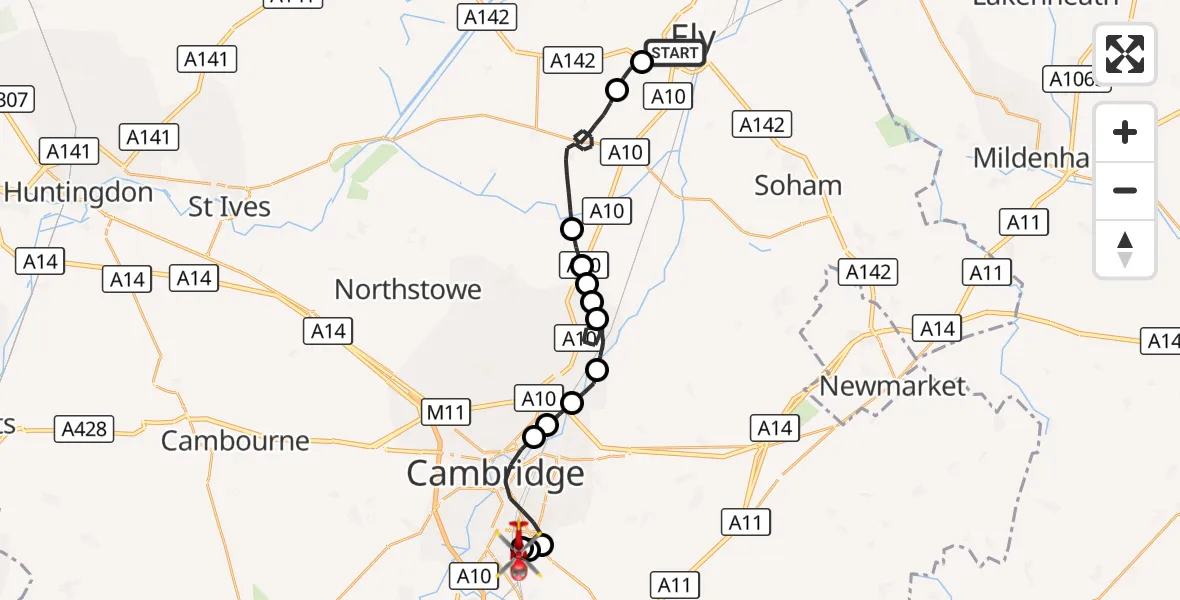 Flight route Air Ambulance Helicopter Ely - Papworth Hospital, 30 August 2026, 15:02