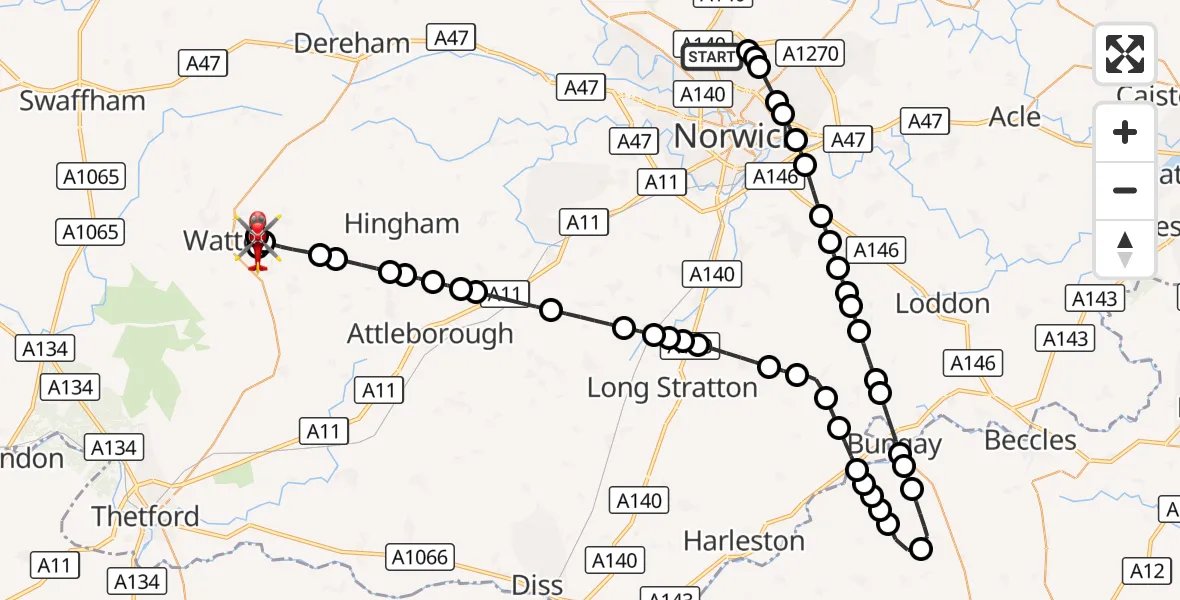Flight route Air Ambulance Helicopter Norwich Airport - Watton, 30 August 2026, 15:12