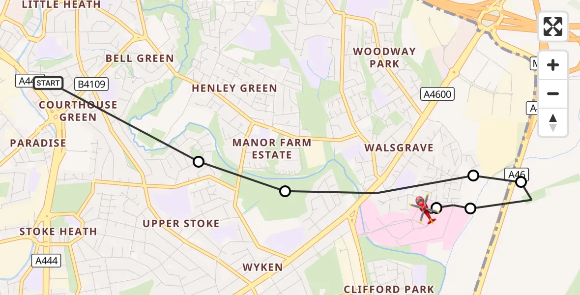 Flight route Air Ambulance Helicopter Courthouse Green - University Hospital Coventry, 30 August 2026, 15:24