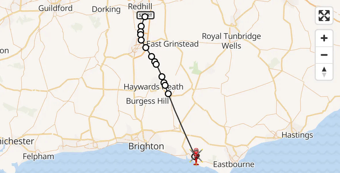 Flight route Air Ambulance Helicopter Redhill Aerodrome - Seaford, 30 August 2026, 15:31
