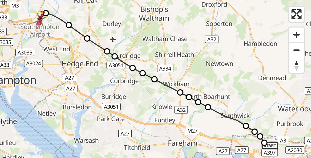 Flight route Air Ambulance Helicopter Queen Alexandra Hospital - Southampton Airport, 30 August 2026, 15:39