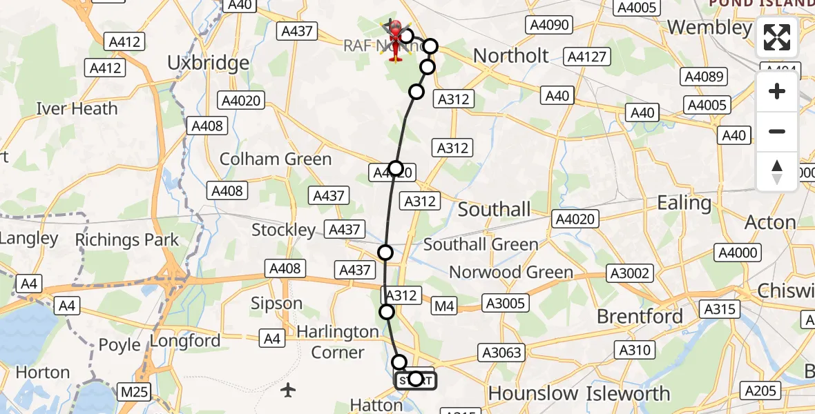 Flight route Air Ambulance Helicopter Cranford - RAF Northolt, 30 August 2026, 15:49