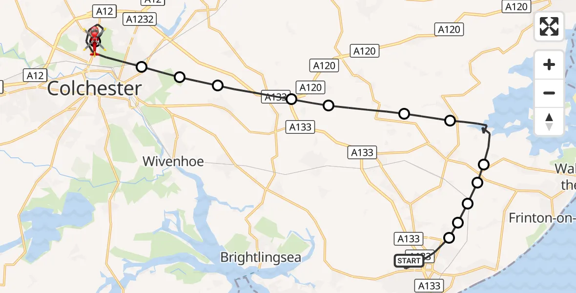 Flight route Air Ambulance Helicopter Clacton-on-Sea - Colchester Hospital, 30 August 2026, 15:52