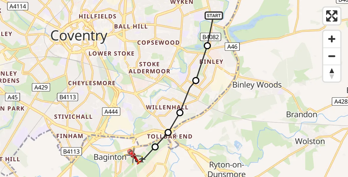 Flight route Air Ambulance Helicopter Clifford Park - Coventry Airport, 30 August 2026, 15:53