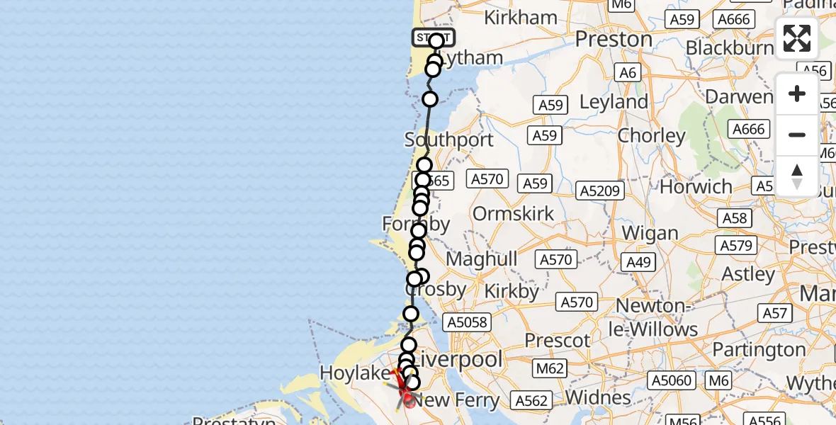 Flight route Air Ambulance Helicopter Blackpool Airport - Upton, 30 August 2026, 15:59