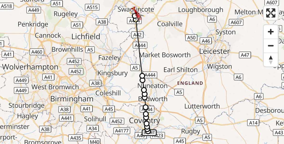Flight route Air Ambulance Helicopter Coventry Airport - Swadlincote, 30 August 2026, 15:59