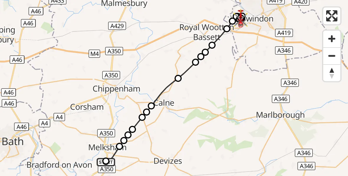 Flight route Air Ambulance Helicopter Wiltshire Air Ambulance - Swindon, 30 August 2026, 16:02