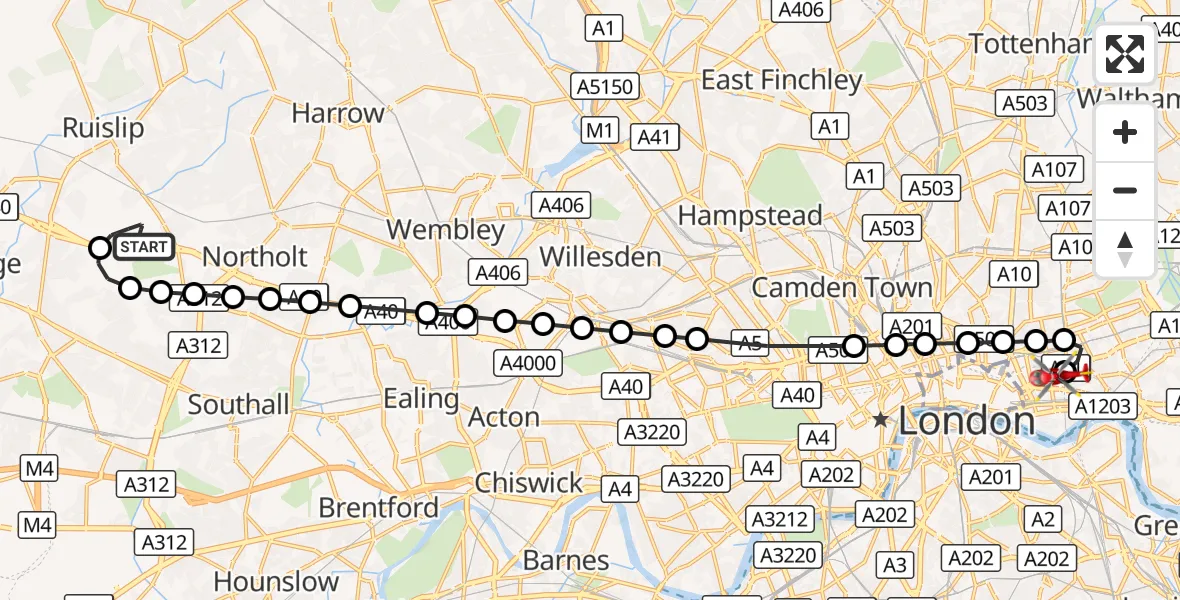 Flight route Air Ambulance Helicopter RAF Northolt - Royal London Hospital, 30 August 2026, 16:18