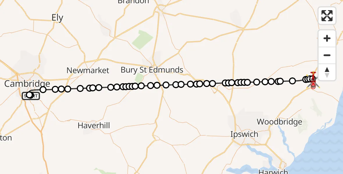 Flight route Air Ambulance Helicopter Papworth Hospital - Saxmundham, 30 August 2026, 16:26