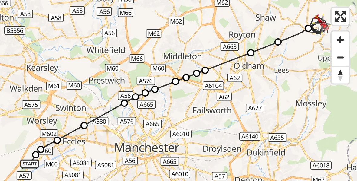 Flight route Air Ambulance Helicopter Manchester Barton Aerodrome - Oldham, 30 August 2026, 16:29