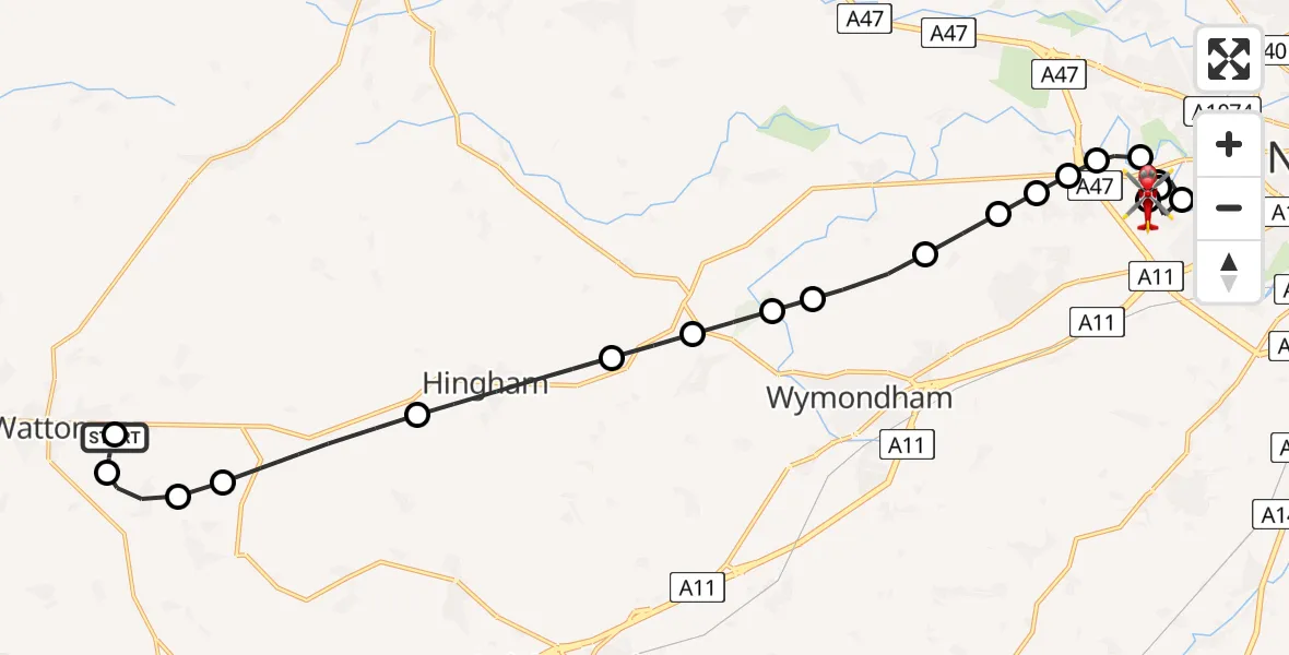 Flight route Air Ambulance Helicopter Breckland - Norfolk & Norwich Hospital, 30 August 2026, 16:29