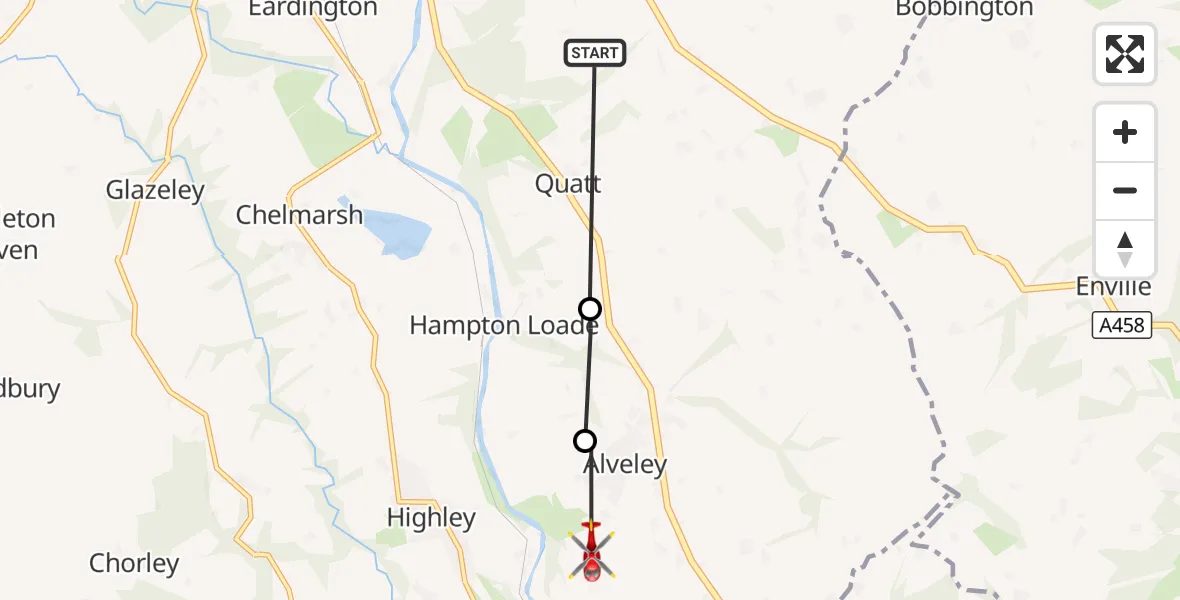 Flight route Air Ambulance Helicopter Quatt Malvern - Alveley, 30 August 2026, 16:30