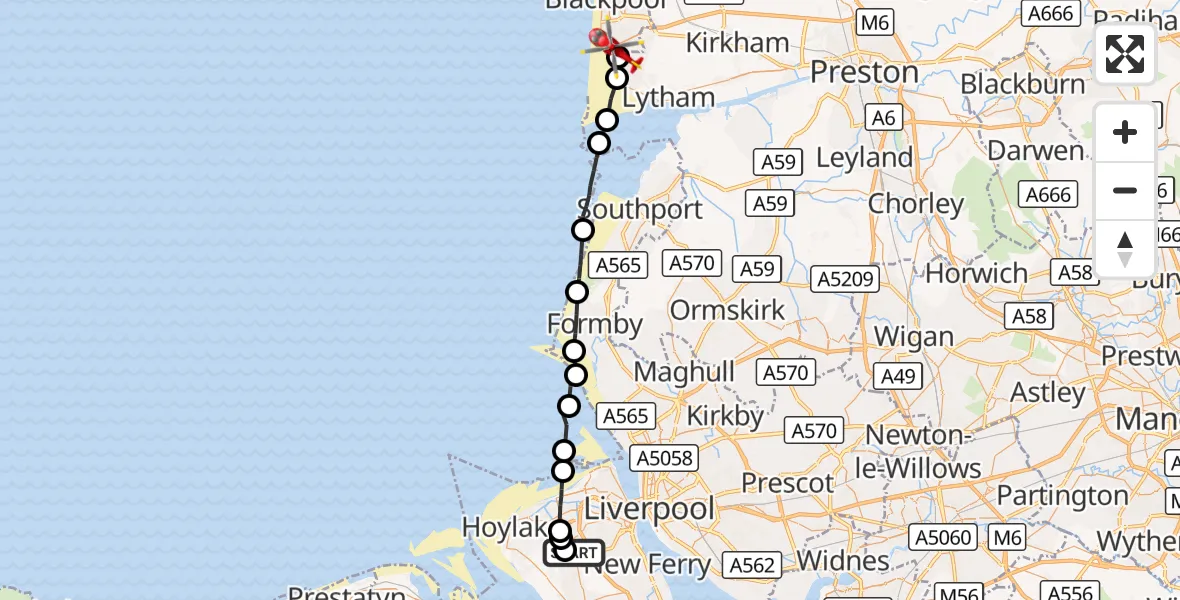 Flight route Air Ambulance Helicopter Upton - Blackpool Airport, 30 August 2026, 16:33