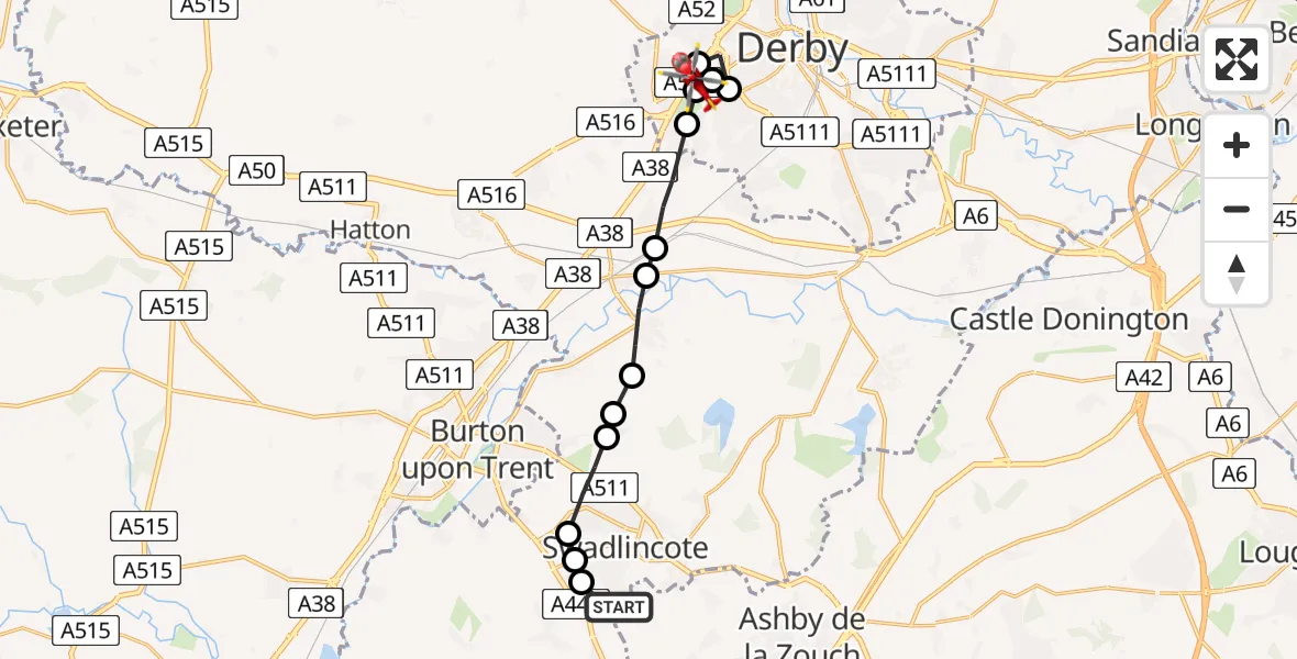 Flight route Air Ambulance Helicopter Swadlincote - Mackworth Estate, 30 August 2026, 16:43