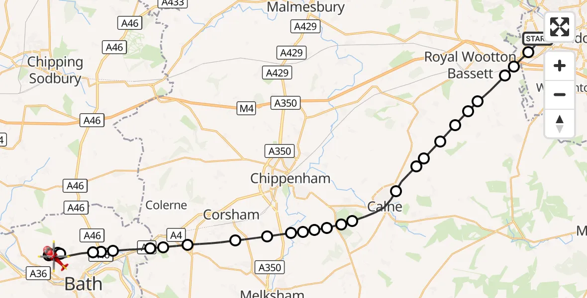 Flight route Air Ambulance Helicopter Swindon - Bath, 30 August 2026, 16:47
