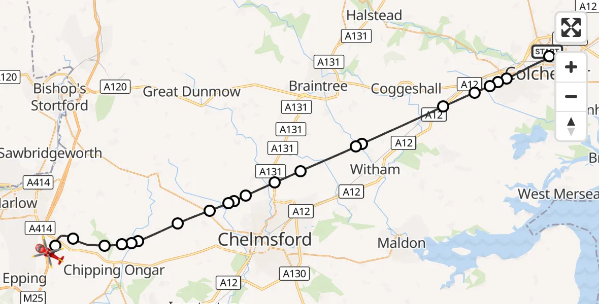Flight route Air Ambulance Helicopter Colchester Hospital - North Weald Airfield, 30 August 2026, 16:49