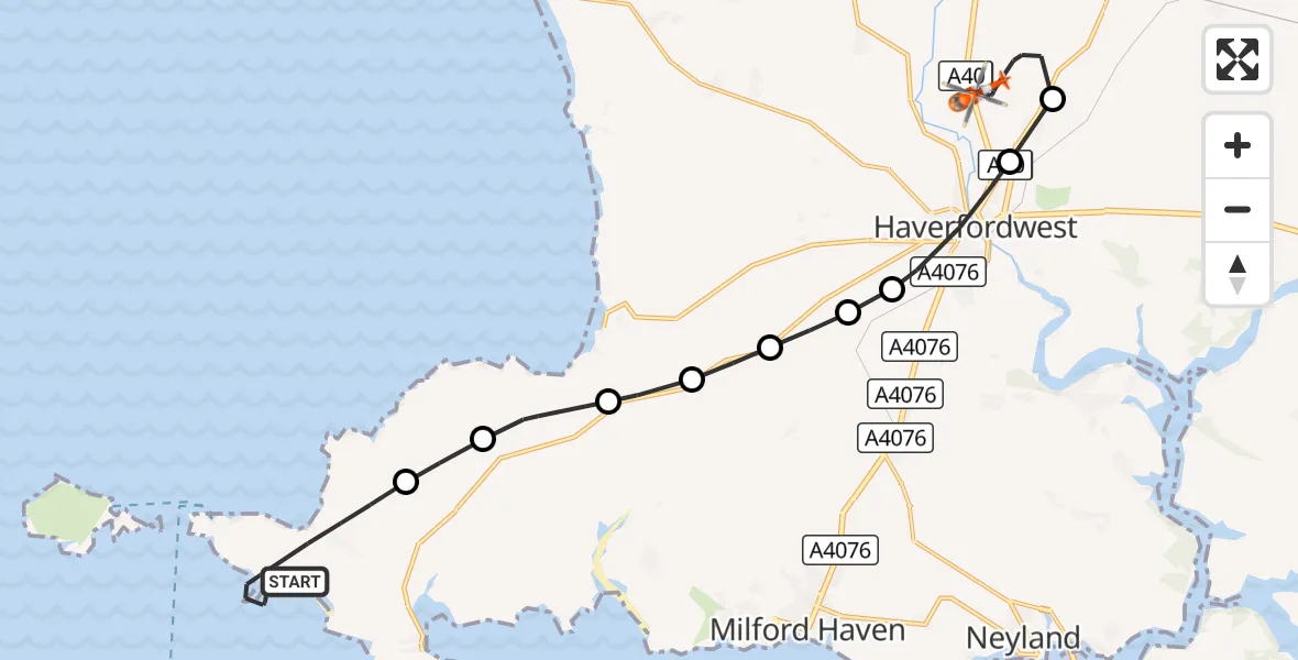 Flight route Coastguard Helicopter Marloes - Haverfordwest Airport, 30 August 2026, 16:55