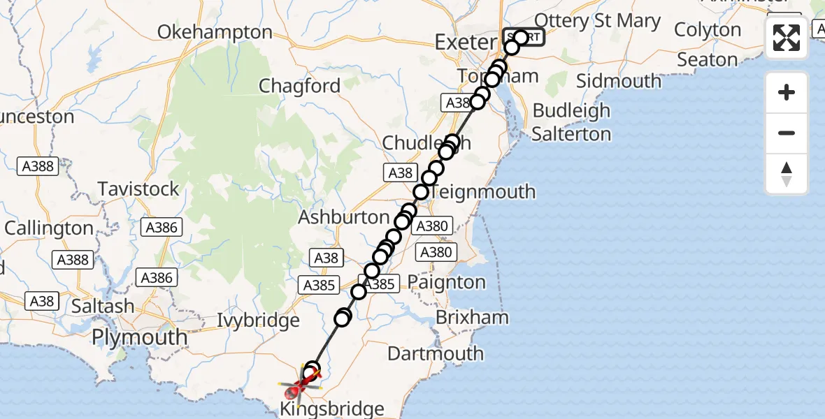 Flight route Air Ambulance Helicopter Exeter International Airport - Aveton Gifford, 30 August 2026, 16:56
