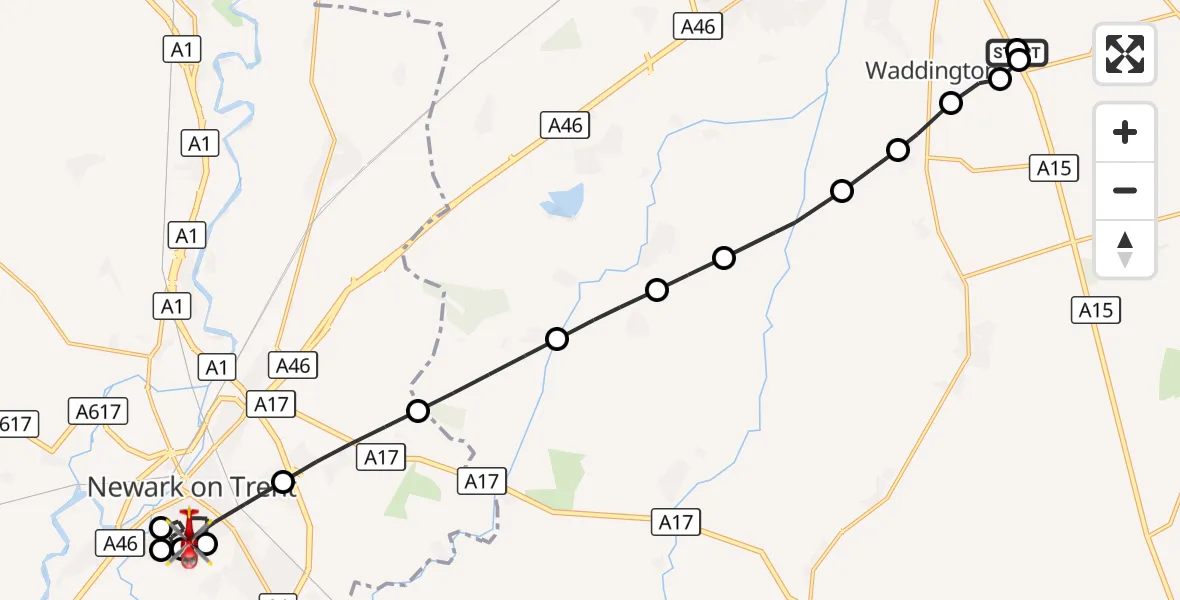 Flight route Air Ambulance Helicopter RAF Waddington - Newark on Trent, 30 August 2026, 16:58