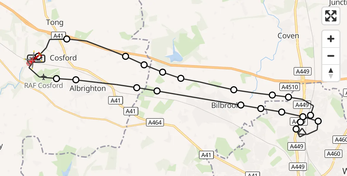 Flight route Air Ambulance Helicopter RAF Cosford - Shifnal, 30 August 2026, 17:09