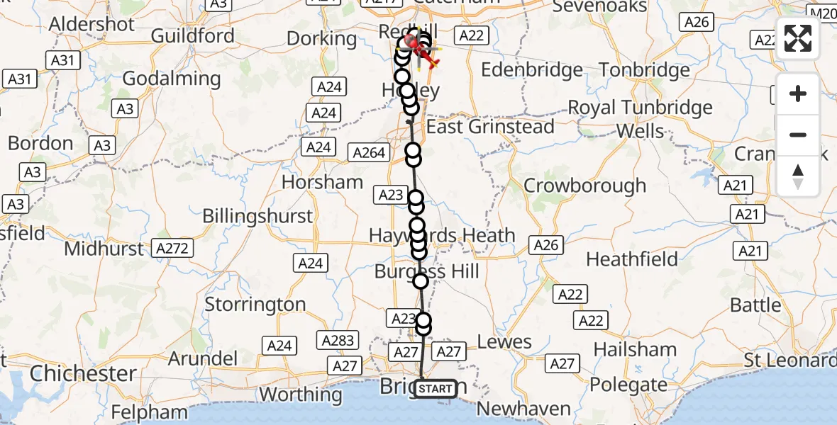 Flight route Air Ambulance Helicopter Brighton - Redhill Aerodrome, 30 August 2026, 17:14